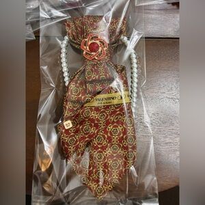Upcycle Valentino Red and Gold Patterned Tie necklace with Pearl Details